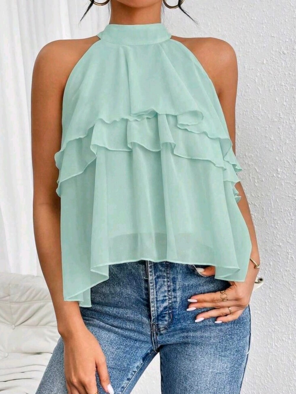 New Flirty Layered Sheer Ruffle Halter Top Blouse Green